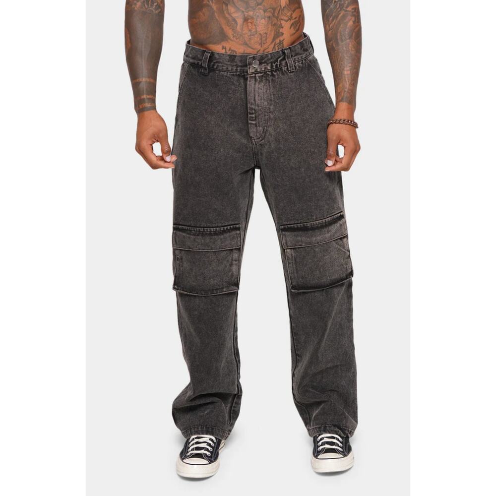 Relaxed Cargo Knee Seam Jeans - Washed Black